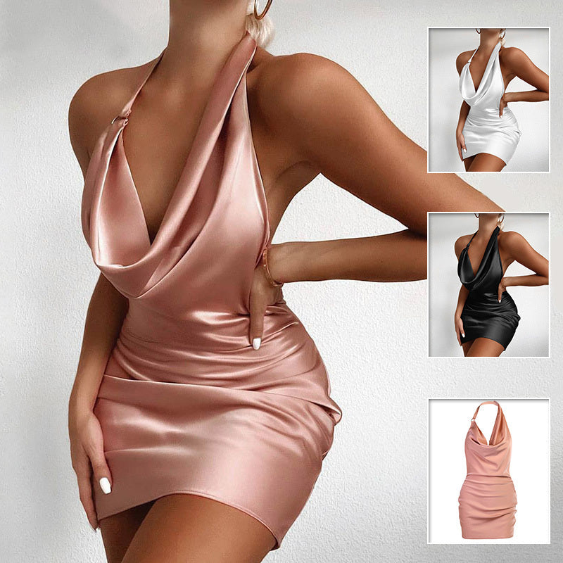 Satin Party Dress V Neck Backless Mini Sleeveless Summer Party Dress - Vivia Velvet