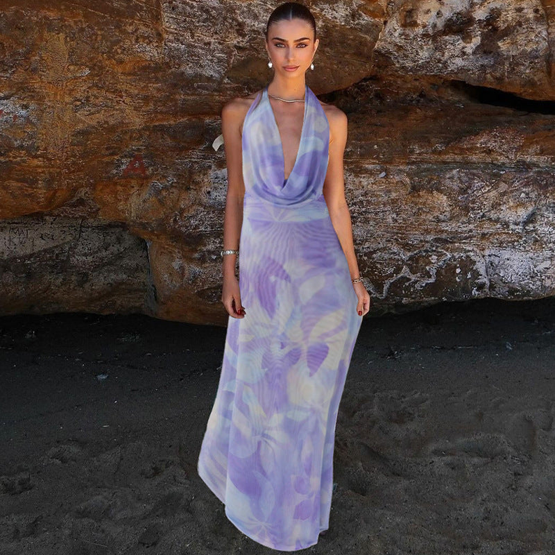 2pcs Tie Dye Printing Deep V-neck Suits Fashion Halter Backless Long Dresses For Beach Party Womens Clothing - Vivia Velvet