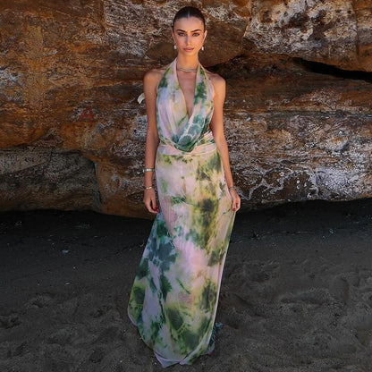 2pcs Tie Dye Printing Deep V-neck Suits Fashion Halter Backless Long Dresses For Beach Party Womens Clothing - Vivia Velvet