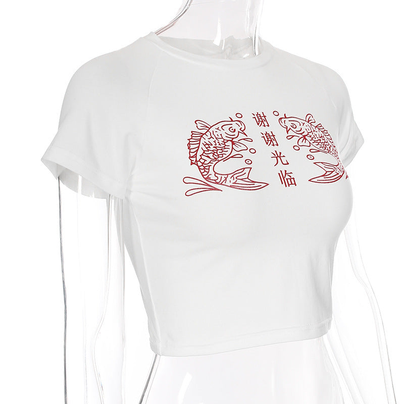 Velvet Chinese Character Fish Crop Top - Vivia Velvet